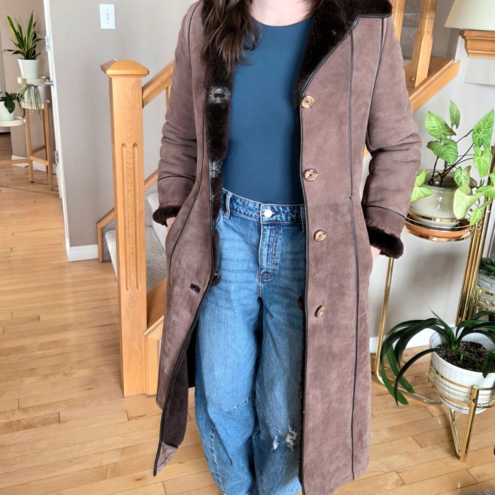 Real shearling/sheepskin Leather Attic Vintage long coat with leather details. - Picture 2 of 16